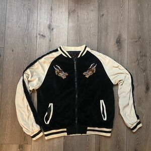 Ring of Fire Black and Tan Varsity Jacket